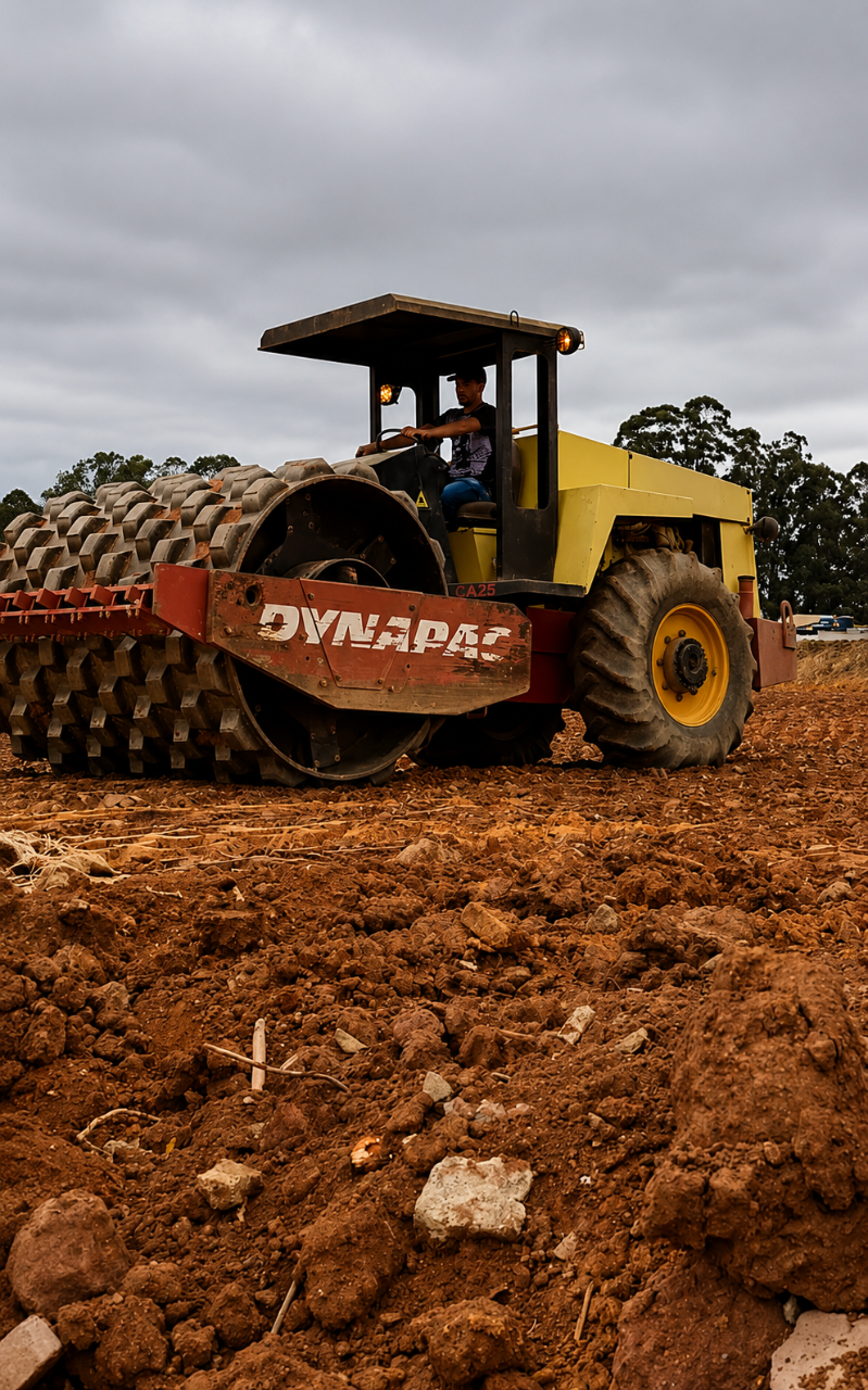 Rolo compactador Dynapac em operação de terraplanagem