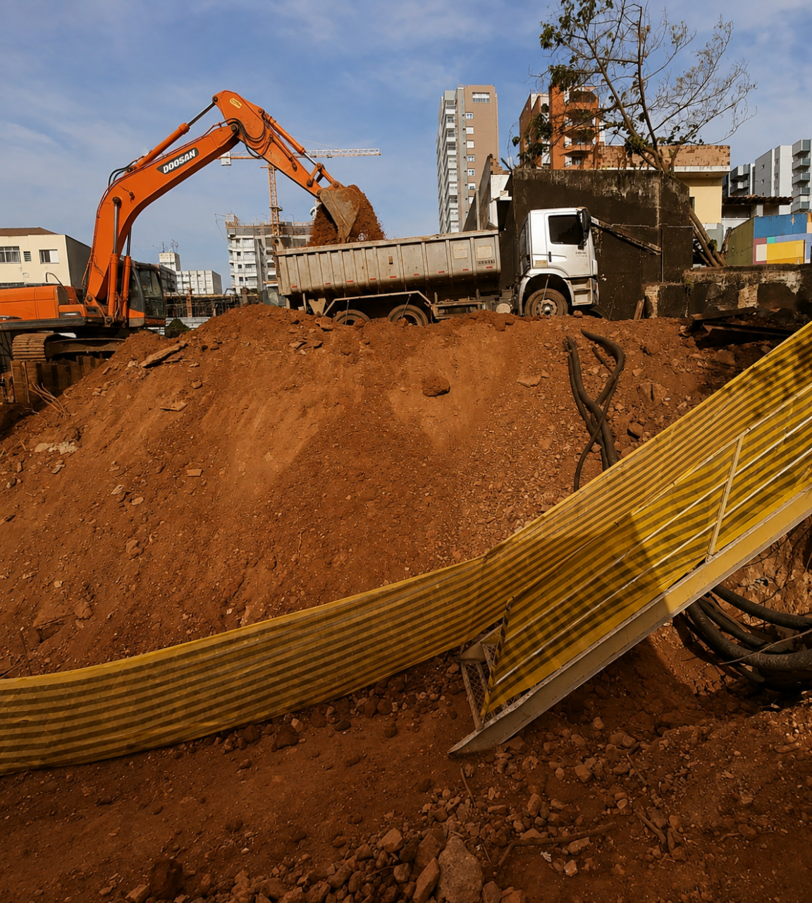 Escavadeira Doosan carregando caminhão em obra urbana