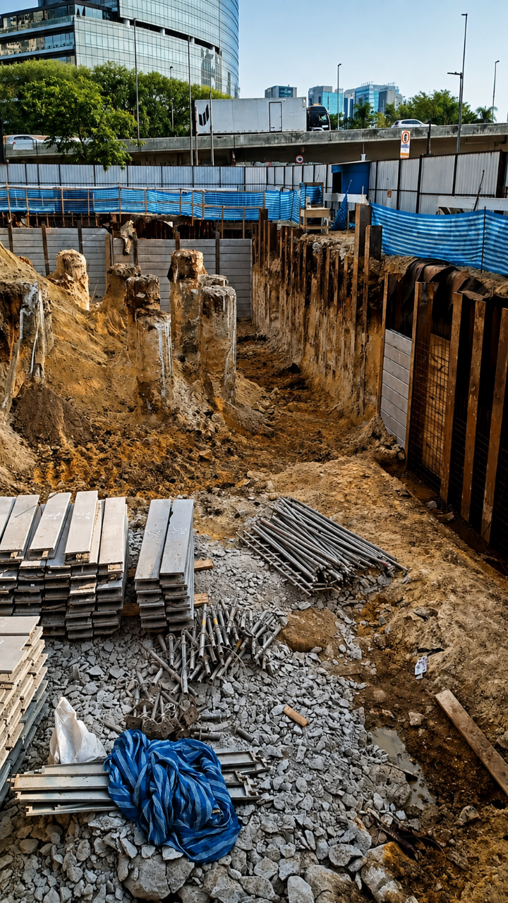 Canteiro de obras com estacas e contenção