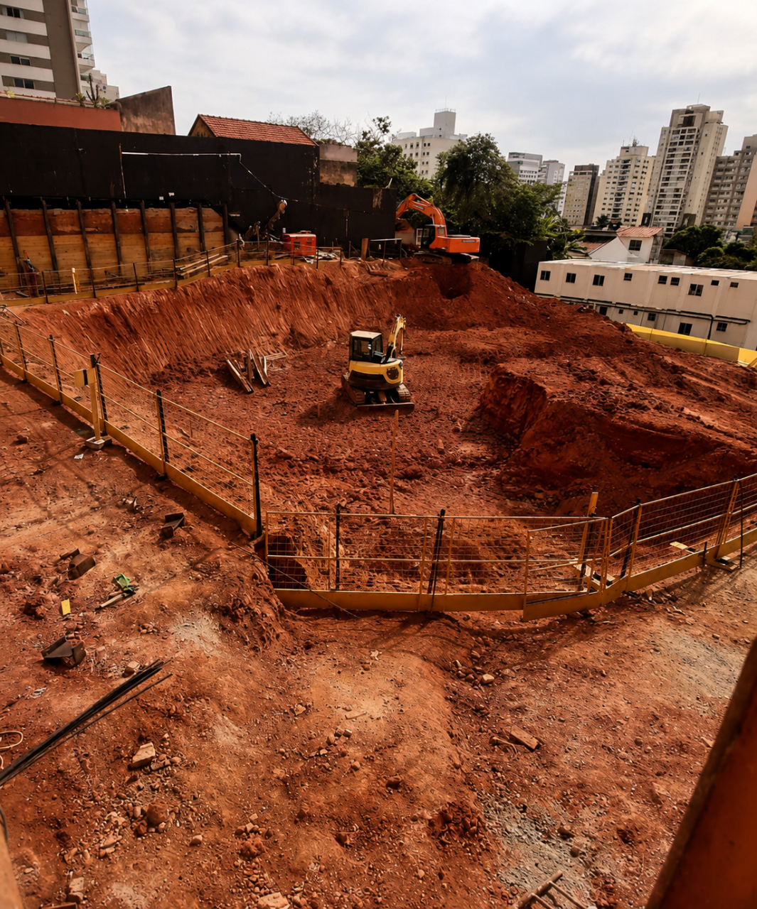 Escavação profunda em canteiro urbano com maquinário pesado