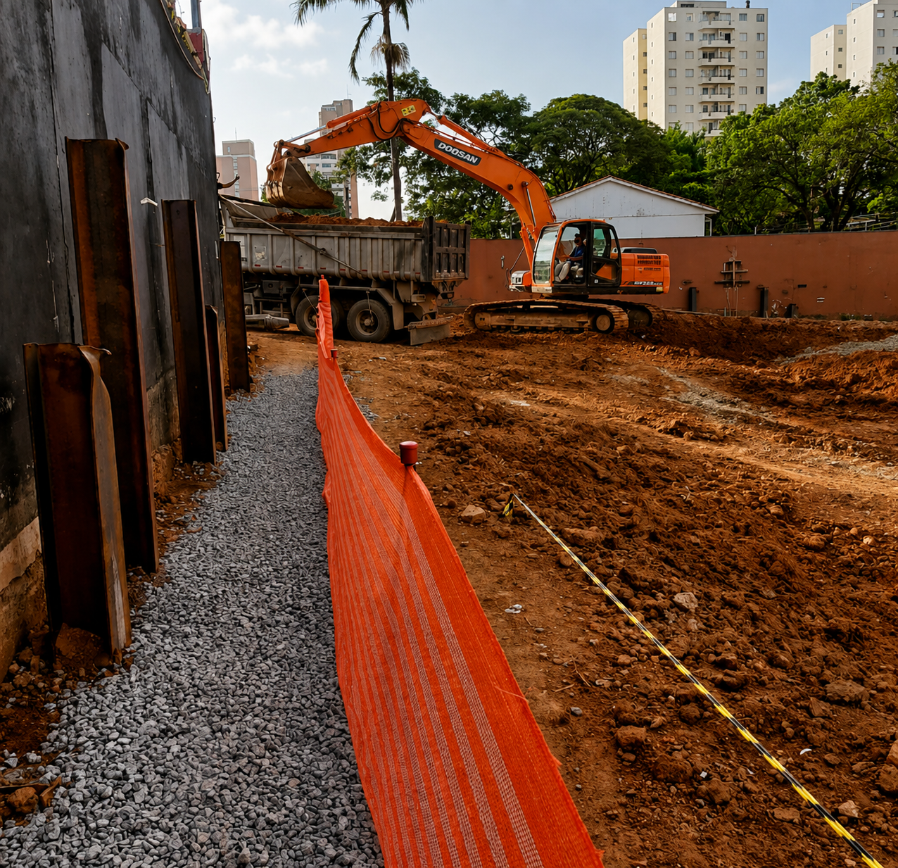 Operação de escavação com maquinário pesado