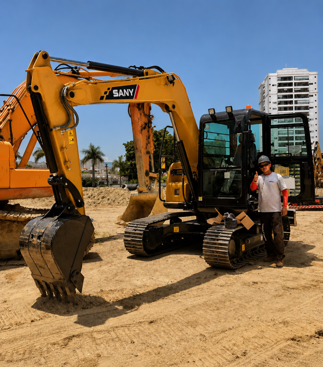 Escavadeira Sany e operador em canteiro de obras