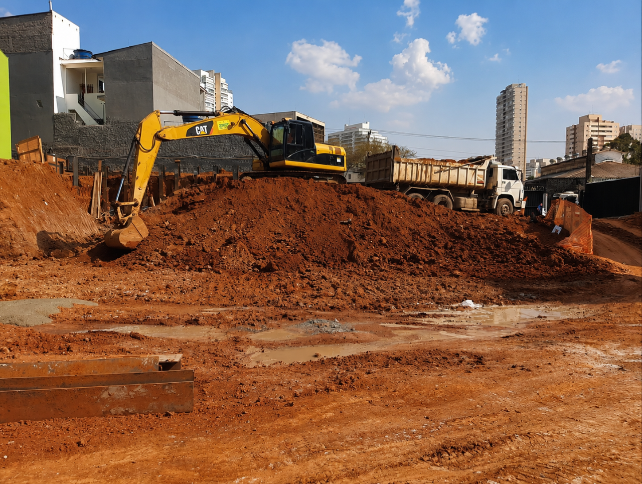 Operação de terraplanagem com escavadeira e caminhão caçamba