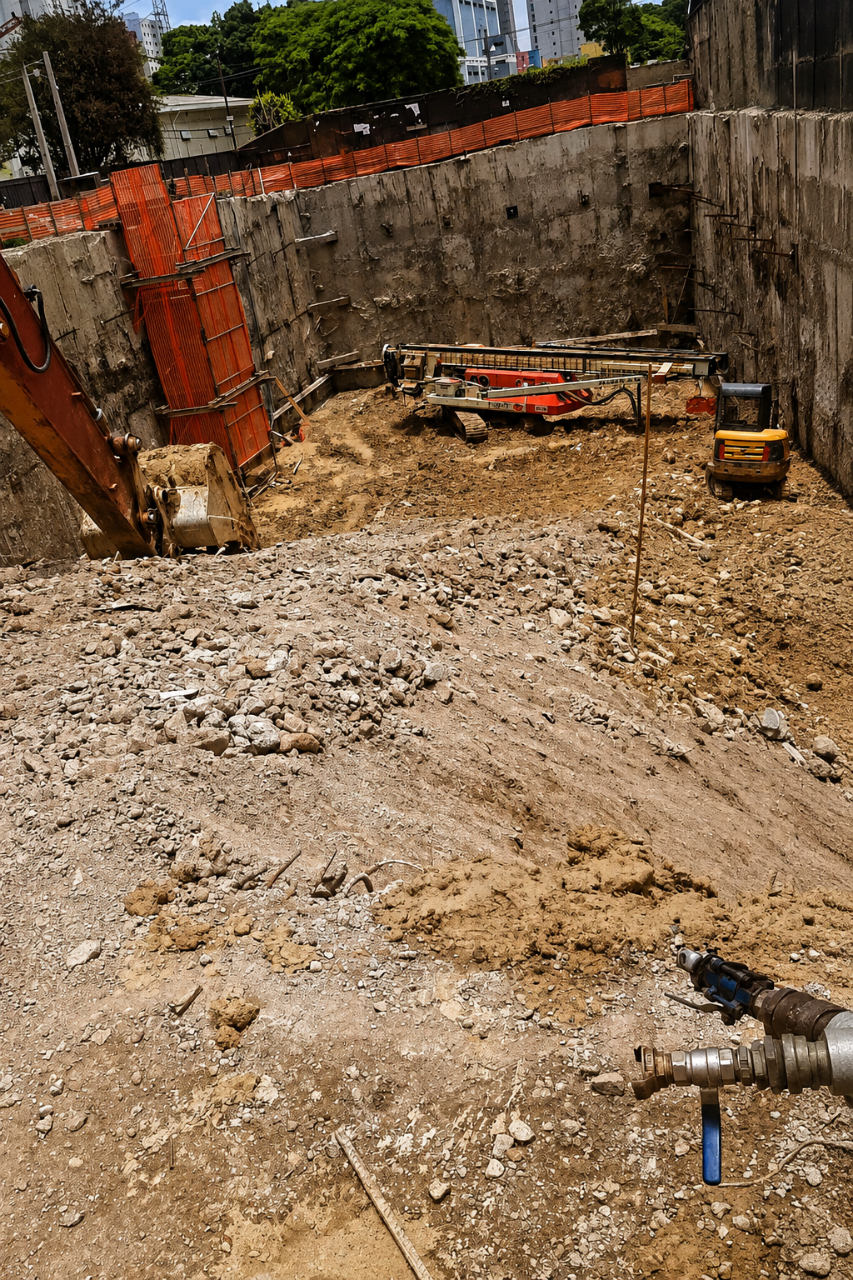 Maquinário pesado em canteiro de obras de grande porte