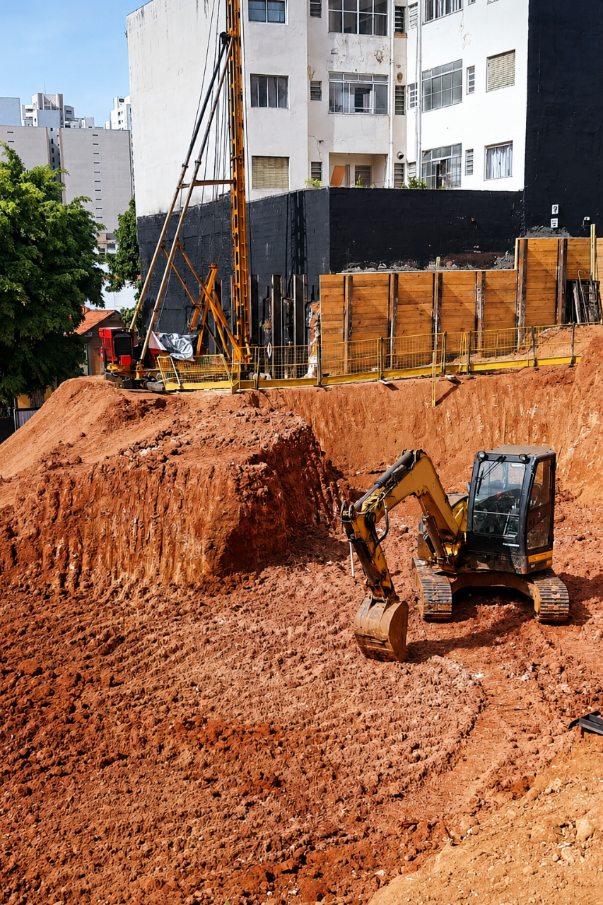 Operação de escavação e perfuração em canteiro de obras